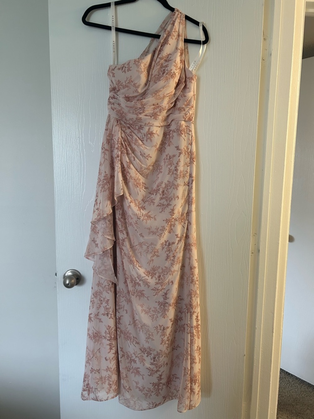 Azazie One-Shoulder Blush Pink Floral Gown
